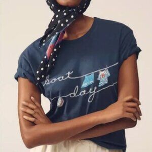 Letluv Anthropologie Summer Day Graphic Tee NAVY BLUE BOAT DAY T-SHIRT TOP XXS